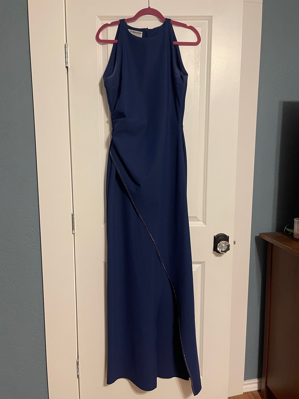 Chiara Boni Royal Blue Halter-Style Formal Maxi Gown w Beaded Slit Event Design - Picture 3 of 10